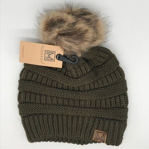 Mirmaru Knit Hat Faux Fur PomPom NWT Olive Green Brown